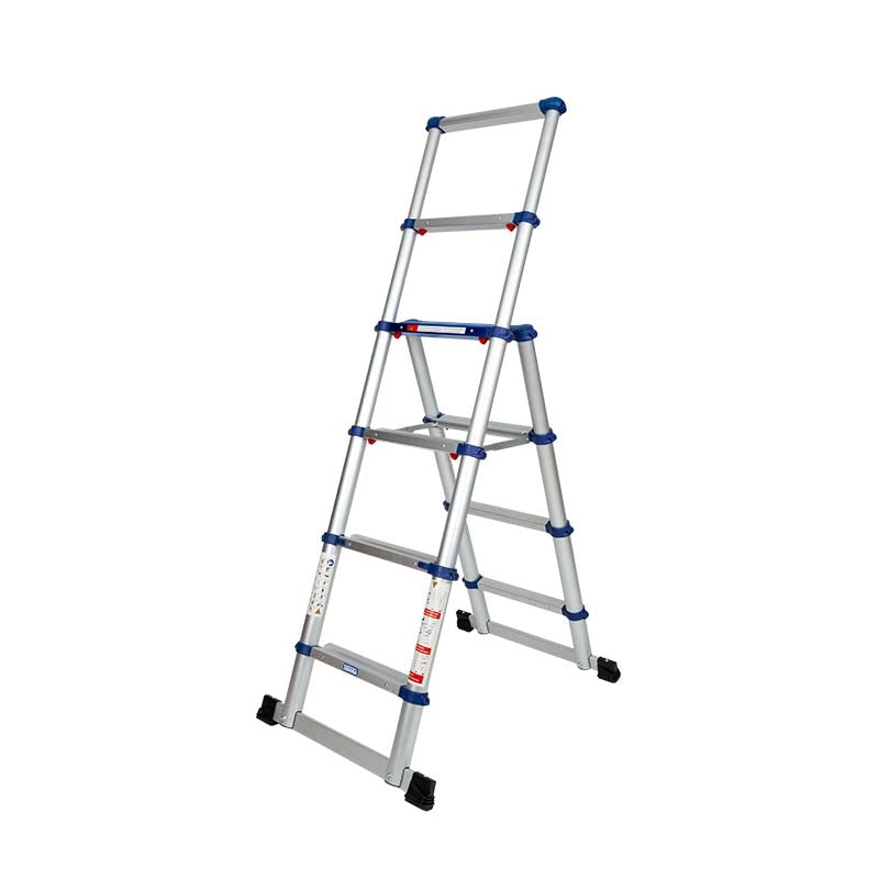 Alu-Teleskopleiter mit breiten Stufen blau